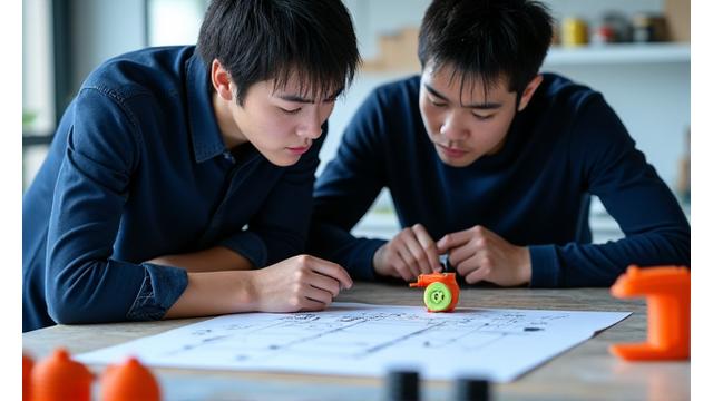 顧客と鉄魚界の技術者が、環境配慮型製品の設計図を囲んで議論している