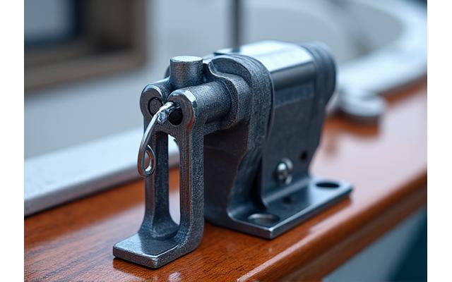 船舶のデッキに装着されたウインチ、滑車、シャックルなどの部品が堅牢かつ精密に作られている様子。