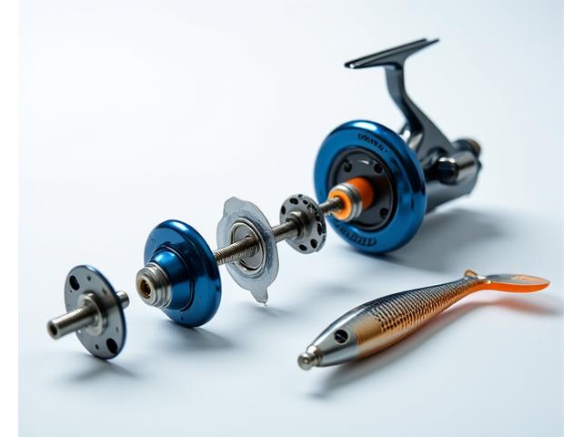 分解された釣具の部品が、モジュラー式デザインを説明するように整然と配置されている。各部品が相互に接続され、様々な組み合わせが可能なことを示唆するイメージ。